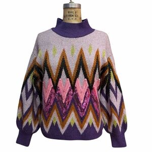Francesca's Purple Geometric Sequin Turtle Neck Sweater Size M